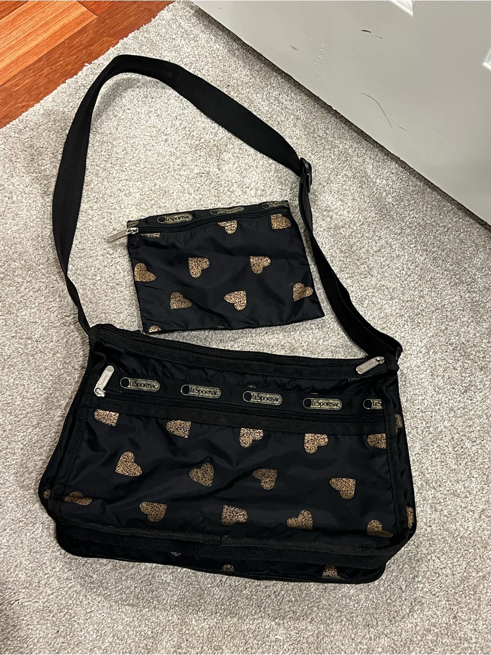 Lesportsac Black Crossbody with Gold Heart Print